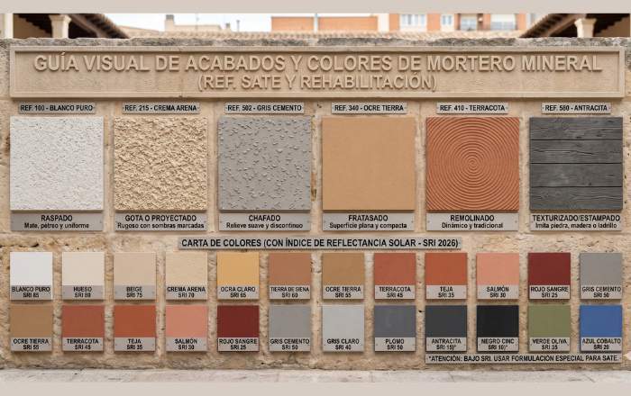 Acabado acrílico en fachada SATE — variedad de colores y texturas