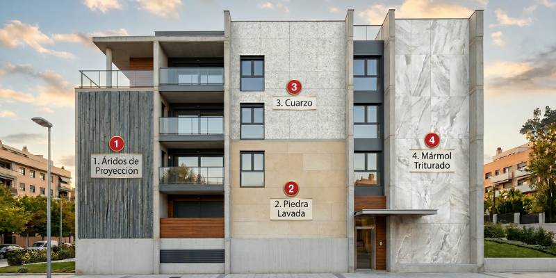 Acabado áridos de proyección fachada SATE textura rugosa SATERMA